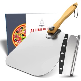 Calmist Pizza Aluminum Peel Set 12x14” w/ Foldable Wooden Handle + 14” Rocker Cutter