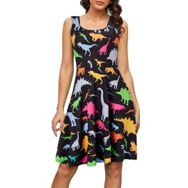 Fanient Women's Dinosaur Print Dress A Line Sleeveless Dress Summer Fun Midi Dress L