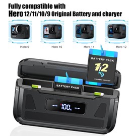 Palogreen Battery Charger 3-Channel for Go-Pro HERO12/HERO11/HERO10/HERO9 Enduro Battery Black,with Type-C Cord and TF Card Storage, Fully Compatible with Original GoPro Battery