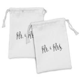 Ambesonne Engagement Party Fabric Pouch Set of 2, Simplistic Mr and Mrs Text Caligraphic Fountain Pen Writing Design, Small Drawstring Bag for Toiletries Masks and Favors, 9" x 6", Black and White