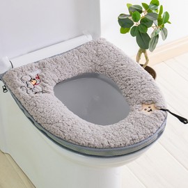 Toilet Seat Warmer Cover & Toilet Lid Cover Grey Toilet Seat Covers for Bathroom with Zipper Handle Plush Thicker Washable