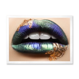 DesignQ Female Lips With Green Lipstick & Teeth Modern Framed Wall Art