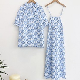 Patterned Resort Couple Look: Men's Shirt & Women's Dress Set (White Blue) (Men's Free Size, Women's Free Size)