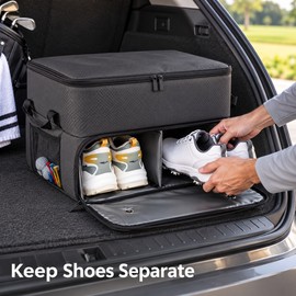 2-Layer Waterproof Golf Trunk Organizer with Ventilated 2-Pair Shoe Compartment and Adjustable Storage Dividers