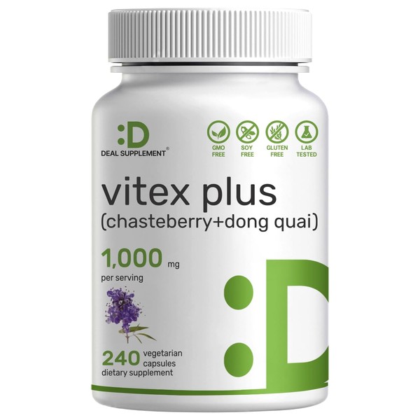 Vitex Supplement for Women – Vitex Chasteberry Supplement 1000mg Per Serving Plus Dong Quai Root, 240 Veggie Capsules – Supports Hormone Balance for Women, Fertility, PMS Symptoms & Menopause