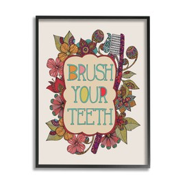 Stupell Industries Intricate Floral Shapes Brush Your Teeth Toothbrush Framed Wall Art, Design By Valentina Harper