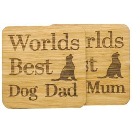 Worlds Best Dog Mum And Dog Dad Coaster Twin pack - Oak Veneer Coasters - Gift from Dog to Puppy Parents - Anniversary Present - Christmas Stocking Item - Pair of Drinks Mats
