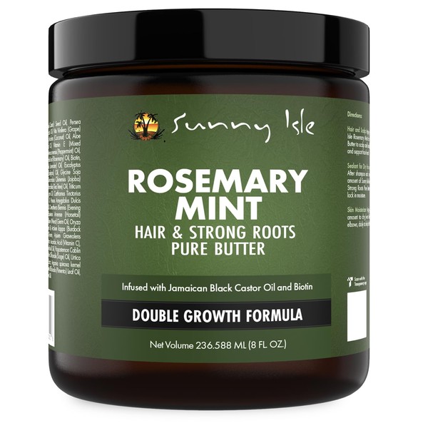 Sunny Isle Rosemary and Mint Butter for Strong Hair and Roots, 8 Ounces, Infused with Biotin and Jamaican Black Castor Oil, Strengthening and Nourishing Hair Follicles