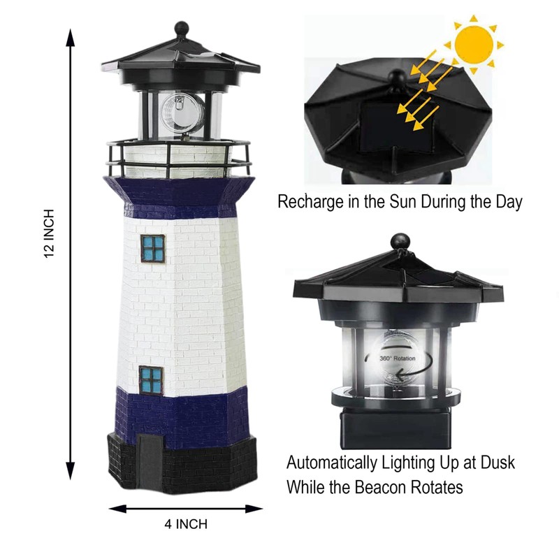 Lighthouse with Rotating Beacon LED Lights - Solar Lighthouse Lamp