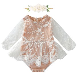 FYMNSI Newborn Baby Girl Lace Romper, Ruffle, Sleeveless Bodysuit, One-Piece Princess Bodysuit with Headband Set, White + lace.