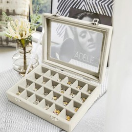 EONGOA Jewelry Box 24 Grid Velvet Earrings Holder Tray Detachable Earring Ring Case Jewelry Showcase Glass Clear Lid Organizer Jewelry Display Storage Ring Trays (Beige)