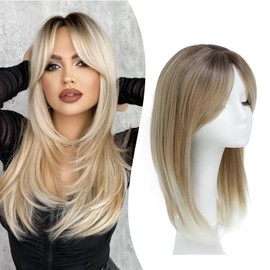 Hair Topper with Bangs, 18 Inch 3D 360° Coverage, Clip-in Hair Pieces for Women with Thinning (Light Brown Blonde, Side Bangs)