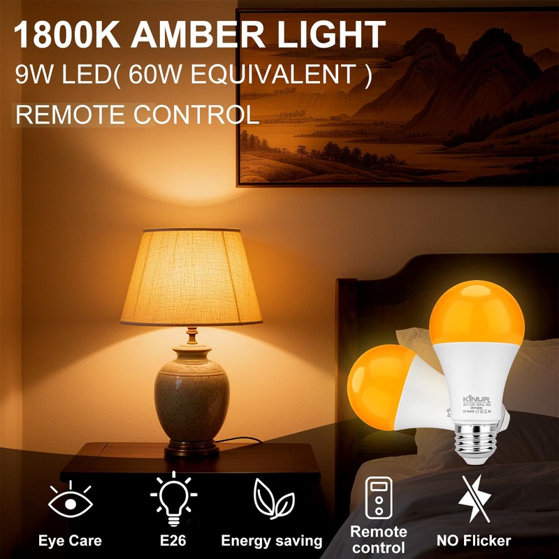 KINUR Amber Sleep Light Bulbs 1800K with Remote Control, E26