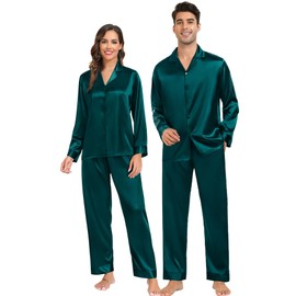 SWOMOG Womens Silk Pajama Long Sleeve Satin Loungewear Button-Down Sleepwear Two-Pieces PJs Sets Party Pajamas Dark Green