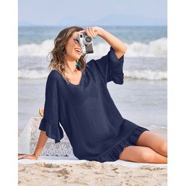 Ekouaer Traje de baño para mujer, sexy, cuello en V, vestido de traje de baño, mangas con volantes, ropa de playa, parte superior holgado, XS-3XL, marino, S