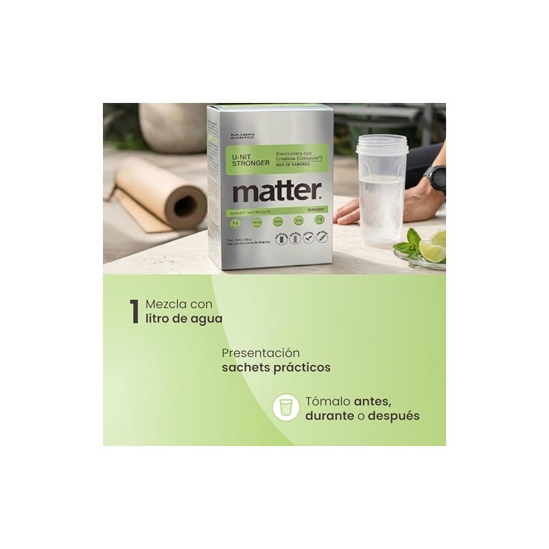 Matter U-nit Stronger, Electrolitos Sin Azucar Premium con Creatina Creapure®,