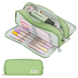 Wanheart Large Capacity Pencil Case Pouch with 3 Compartment, Zipper Spacious Opening Pen Bag School Office Storage for Students Girls Boys Adults (Green)