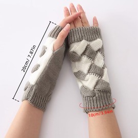 CABODYALS 2 Pairs Grey Thumb Hole Gloves Fingerless Gloves Autumn Winter Soft Knit Checkered Print Hand Warmers Gloves Knitting Wrist Arm Warmer Crochet Mittens for Women Typing Driving