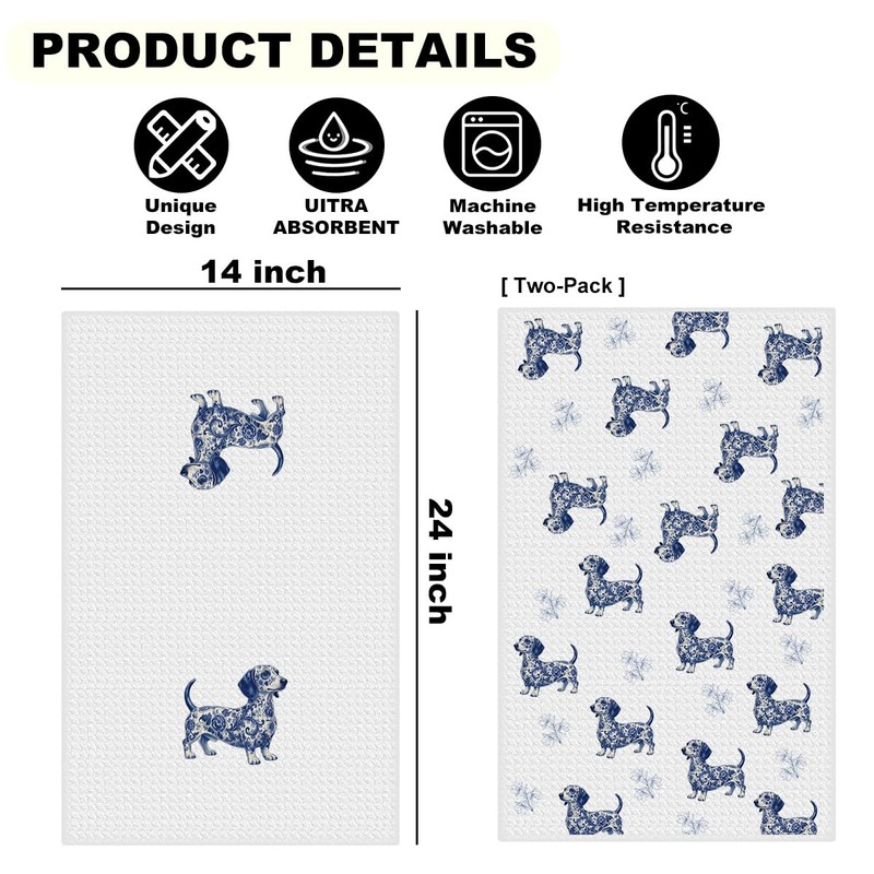 2Pcs Chinoiserie Dachshund Kitchen Towels, Weiner Dog Gifts for Women