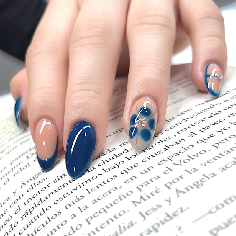 24Pcs Blue Hand-painted Carved Nails for Summer, French Blue Floral