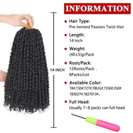 Xtrend 8 Packs Passion Twist Crochet Hair 14 Inch Natural Black Bomb Pre Twisted Water Wave Crochet Twist Pre Looped Curly Bohemian Synthetic Braiding Hair Extensions for Women #1B