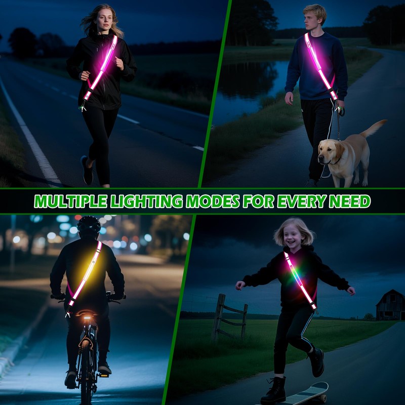 Samlior LED Reflective Belt Sash, Rechargeable LED Light Night Safety