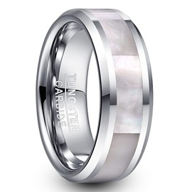 Vakki 8mm Mother of Pearl Shell Tungsten Carbide Wedding Ring Engagement Band Beveled Edge Size 10