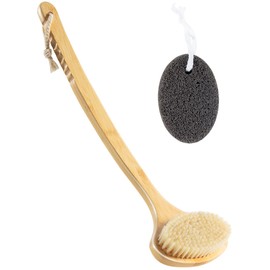 GROOMAGE Bamboo Bath Brush with Curved Long Handle, Natural Bristle Back Scrubber for Shower, Exfoliating Body Brush for Wet or Dry Use, Anti-Slip Design for Gentle Deep Cleaning, Wood Color