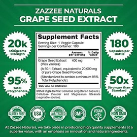 Zazzee High Strength Grape Seed 50:1 Extract, 180 Vegan Capsules, 95%