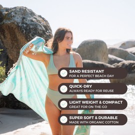 FESHKA Sand Free Turkish Beach Towel (37 x 67) Quick Dry Bath Towel, Oversized Beach Blanket, Lightweight for Travel - Made with 100% Organic Turkish Cotton - Summer Waves (Turquoise)