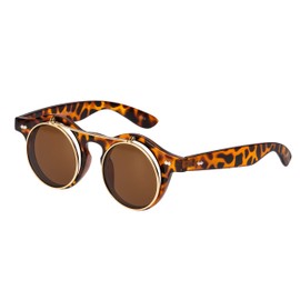 Ultra Small Round Flip Up Steampunk Sunglasses UV400 - Unisex for Men and Women with Polycarbonate Lenses - Retro Round Glass Style - Unisex Sun Glasses with Flip Feature - Tiger Leopard Print