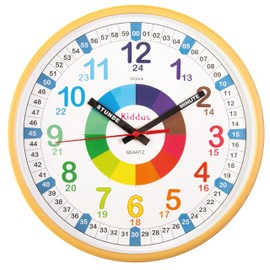 Kiddus Children's Wall Clock, Boys and Girls, Analogue Learning Clock with Time Learning Exercises, Children's Wall Clock Without Ticking, Children's Room Silent, School, Clock Hands German, 30 cm,
