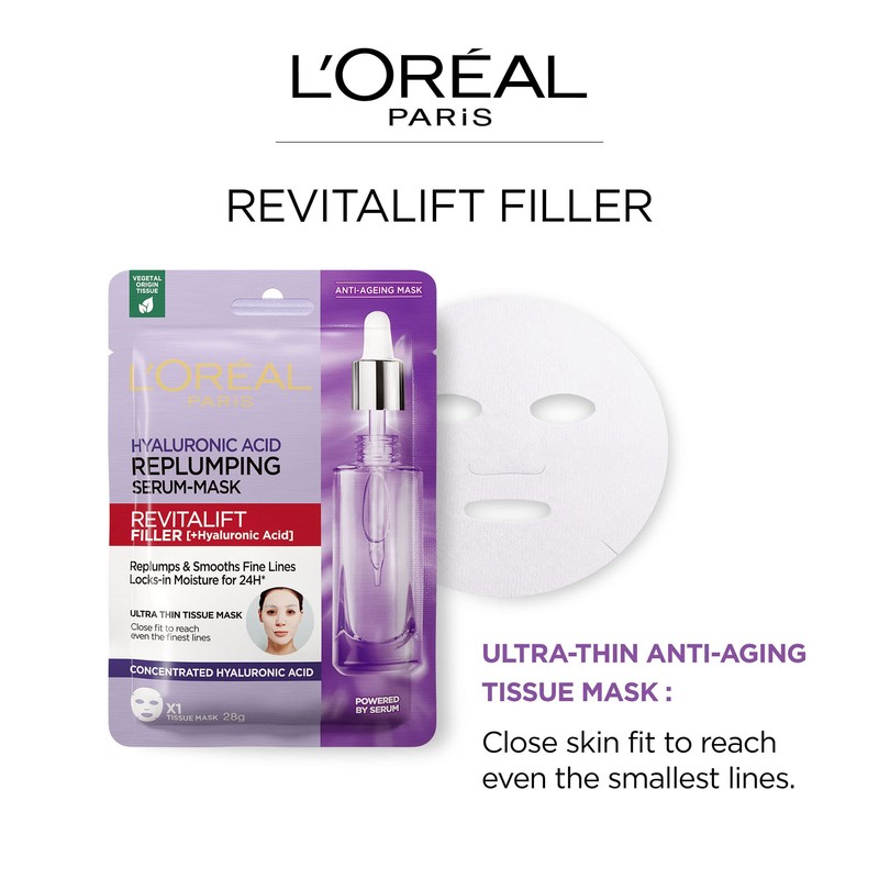 L'Oréal Paris, Replumping Sheet Mask, Hydrating & Smoothing, Revitalift Filler,