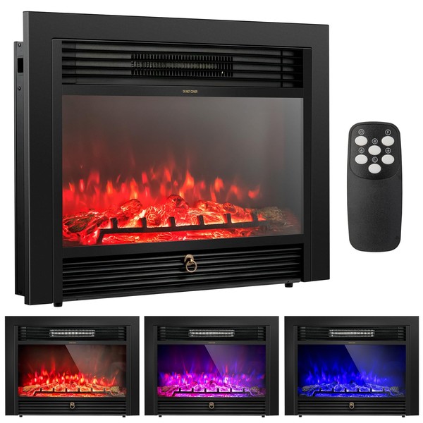 COSTWAY 28.5-Inch Electric Fireplace Inserts, 750W/1500W Wall Recessed and Freestanding Fireplace with 3 Flame Colors, 5 Brightness Settings, 8H Timer, Remote Control, Heater for Indoor Use