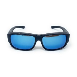 The Mirrored Fit Over Glasses, OTG, Polarized Unisex Wrap-Around Sunglasses for Men and Women, Glossy Black with Mirrored Blue Lens