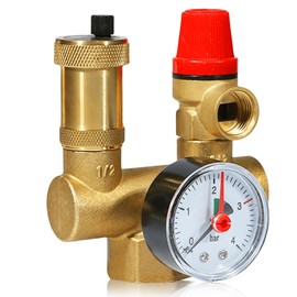 Boiler Safety Group DN25, Low Pressure Regulator with Pressure Gauge, Brass Leakproof Safety Valve for Safety Group, Leak-proof Safety System for Heating Systems (16 PN)