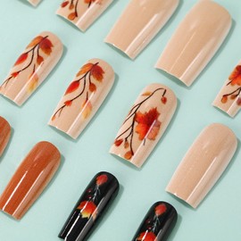 24Pcs Fall Press on Nails Medium Square Fake Nails with Maple Leaf Designs Autumn Leaves False Nail Thanksgiving Acrylic Nails Kit Full Cover Solid Color Stick on Nail for Women Nail Decoration