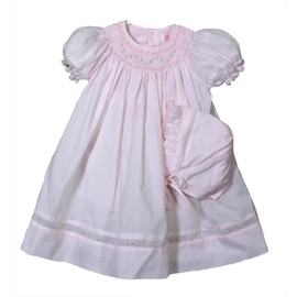 Petit Ami Girl's Pink Smocked Dress with Embroidered Insets & Bonnet 6 & 9 Months (6 Months)