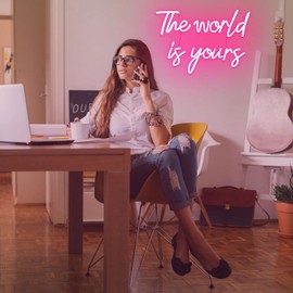 The World is Yours Neon Sign, Dimmable Word Lights for Wall Decor, Pink LED Neon Signs, USB Powered Neon Light up Sign for Bedroom Office Graduation Party Girl Room Birthday Present Engagement Valentine