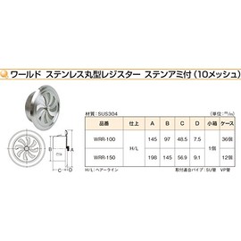 World SUS304 Stainless Steel Round Register, φ3.9 inches (100 mm), With Lamps (10 Mesh), H/L (Hair Line), Clear, WRR-100