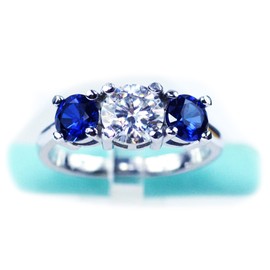 Three Stone 1Carat 6.5MM White Moissanite Blue Sapphire Side stones Engagement Ring (6.5)