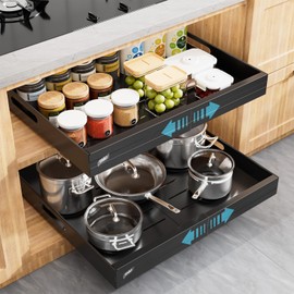 TAILI 2Pack Expandable Pull Out Cabinet Organizer, Adjustable Width 12.05"-20.4", 21" Deep, 3 Slide Rails, Raising Pads, Portable & No-Trace Removal, Tool-Free Installation, Black