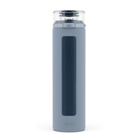 Ello Syndicate 20oz Reusable Glass Water Bottle with One-Touch Leak Proof Flip Lid, Protective Non-Slip Silicone Sleeve, Carry Loop for Coffee, Tea and Water, BPA-free, Dishwasher Safe, Tech Blue | Ello