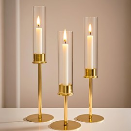 Hurricane Candlestick Holders 3PCS,Brass Gold Candle Holders with Glass Cover - Windproof Tall Candlestick Holders for Weddings,Christmas,Indoor/Outdoor Home Decor,Table Centerpiece Party Decorations