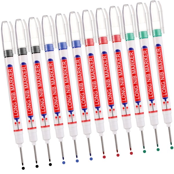 UNOLIGA 12pcs Deep Hole Marker Pens, Hole Marker Tool, Carpenters Pen, 20mm Long Tip Permanent Marker, Deep Reach Pen for Permanent Marking of Hard to Reach Areas (Black Blue Red Green)