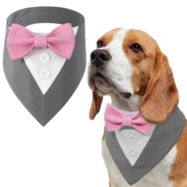 LiebeDD Dog Neckerchief, Grey Bow Tie, Dog Pet Triangular Scarf, Dog Tuxedo Bandana, Adjustable Dog Costume, Formal Dog Wedding Outfit for Birthday Party, XL