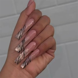 Long Press on Nails Square Fake Nails Silver Glitter French Tip False Nails with Silver Swirl Design Acrylic Nails Long Square Glue on Nails Full Cover Stick on Nails for Women 24Pcs
