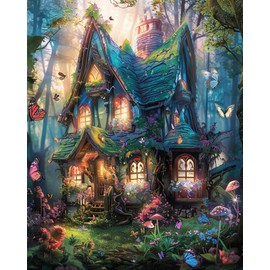 Magic House in The Forest DIY Paint by Numbers for Adults Glowing Plant Butterflies in Scenery DIY Oil Painting Acrylic Paint Art Painting Kits Canvas with Acrylic Paints 16x20 Inch（without Frame）