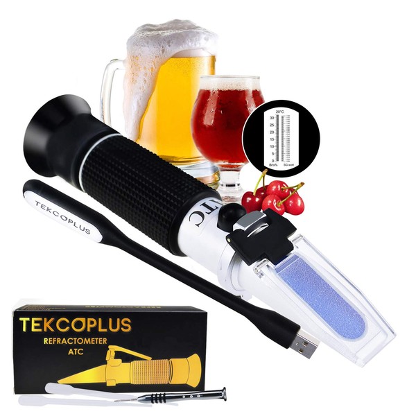 Brix Beer Wort & Wine Refractometer ATC Dual Scale, Specific Gravity 1.000-1.120 & Brix 0-32%, for Wine Making and Beer Brewing, Fruit Juice, Hops Sugar, Homebrew Kit, w/Extra LED Light & pipettes