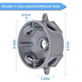 YXX-TECH Round Electrical Outlet Box, Weatherproof 5 Hole-1/2 or 3/4 in Electrical Outlet Box, UL Listed, PVC No Cover Junction Box, Gray